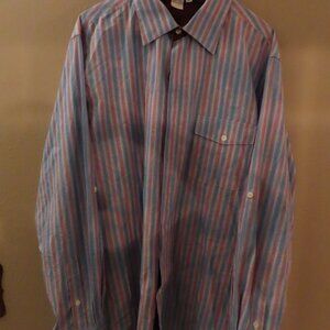 Ross Graison; Mens Long Sleeve Shirt; Red,Whi,Blu Striped; Size L; Buttons
